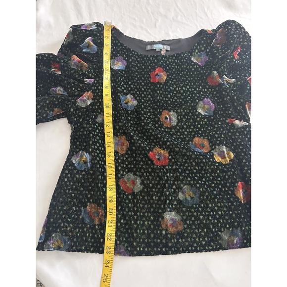 Eva Franco Velvet Floral Metallic Blouse Womens Size 6 Black Green - Picture 8 of 9